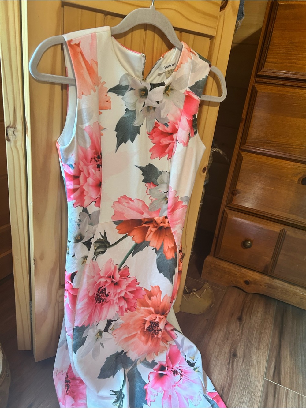 Calvin Klein White Maxi Dress with Pink and Coral Floral Print